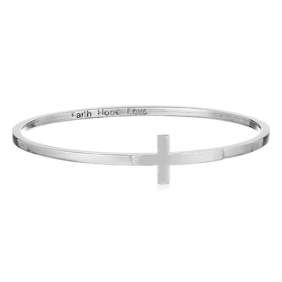 Silver Tone Pewter Sideways Cross Bangle Bracelet Faith Hope Love BSD Christian - Picture 1 of 7